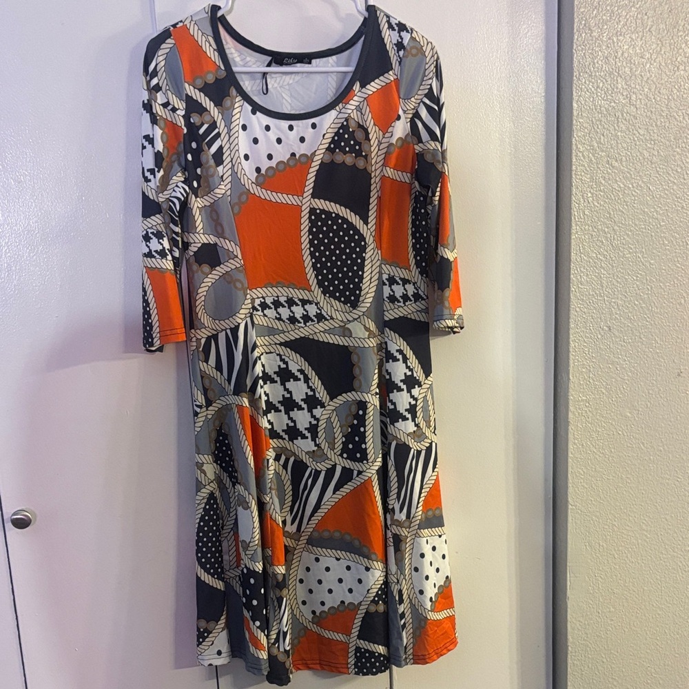 Vibrant Orange and Black Geometric Dress
